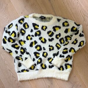 Express Leopard Print Fuzzy Sweater - Cream, Black, Yellow